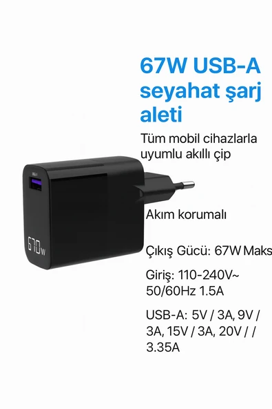 ÜSKÜDAR İLETİŞİM 67W  LED Ekranlı Hızlı Şarj Adaptörü PD USB A Seyahat Boyutu - 2