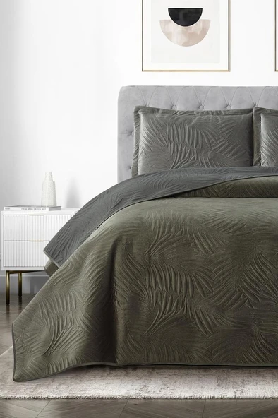 Münih Çift Kişilik Lüks Kadife 240x260 cm Yatak Örtüsü Antrasit ürün görseli