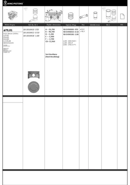 Opel Motor Piston+segmanı ( Riken )  79,01+0,50mm Cap Astra H Astra J İnsignia 1.6 Cruze 1.6 Z16xer-A16xe - Kingpiston 18-3010413 ürün görseli 1