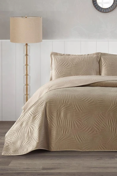 Münih Çift Kişilik Lüks Kadife 240x260 cm Yatak Örtüsü Bej ürün görseli