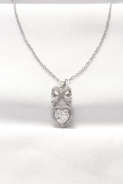 316L Çelik Silver Renk Zirkon Taşlı Kalpli Fiyonk Kolye ürün görseli 1