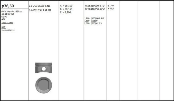Vag Piston+segman (76,51mm Std) Polo Cordoba Arosa İbiza II İnca Vento 1,4 Apq Aex Akv Anx 91>99 - Kingpiston 18-7010530 ürün görseli