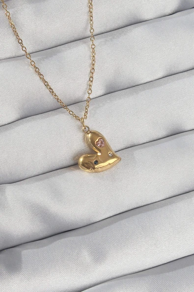 316L Çelik Zincir Gold Renk Renkli Zirkon Taşlı Kalp Kolye ürün görseli 1