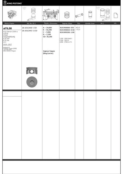 Opel Motor Piston+segmanı ( Riken )  79,00+stdmm Cap İnsignia A Country Tourer (g09) 1.6 Sidi (47) Otto S - Kingpiston 18-3012440 ürün görseli 1