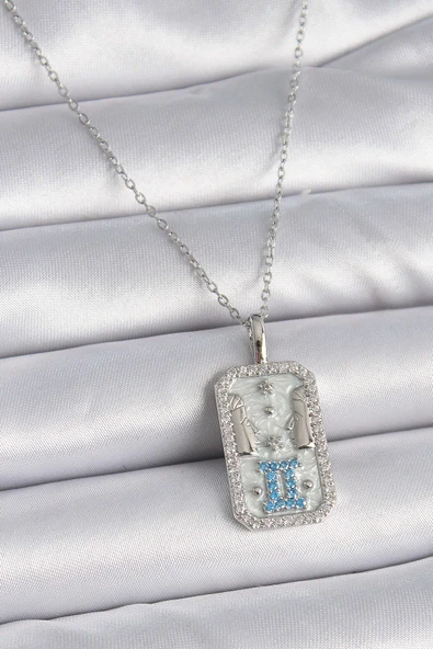 316L Çelik Gümüş Renk Zincir İkizler Burcu Zirkon Taşlı Kadın Kolye ürün görseli 1