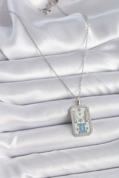 316L Çelik Gümüş Renk Zincir İkizler Burcu Zirkon Taşlı Kadın Kolye - Resim 2