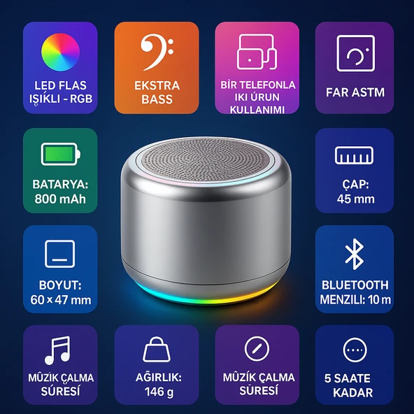 Samsung Galaxy A16 Uyumlu Bluetooth Hoparlör Ekstra Bass, LED Işıklı, Taşınabilir Mini Hoparlör ürün görseli