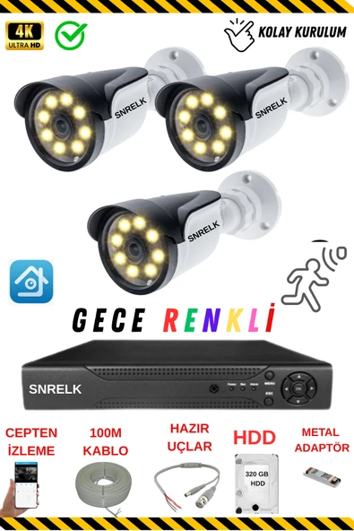 SNRELK Hama 3 Kameralı 5mp lens 320gb Gece Renkli Su Geçirmez Güvenlik Kamera Seti 5536 ürün görseli
