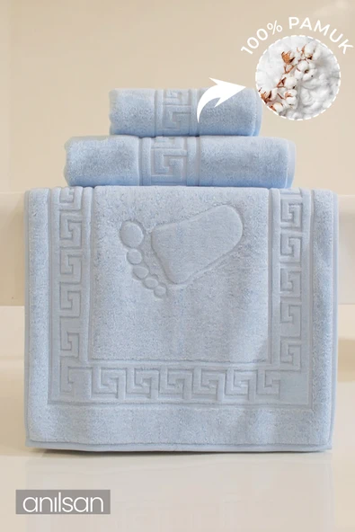 3'lü Mavi Greek Havlu Seti %100 Pamuk  - 1 Adet El Havlusu 1 Adet Yüz Havlusu ve 1 Adet Banyo Havlusu - 2