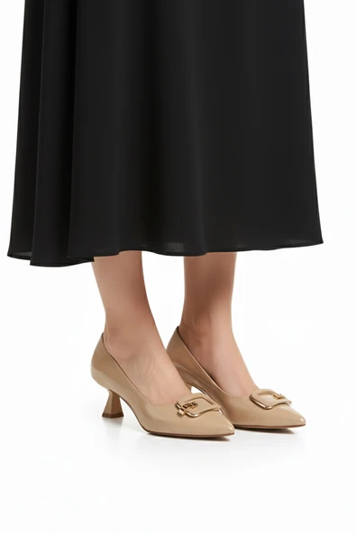 Ayakmod Bej Kırışık İnce Kısa Topuklu Kadın Abiye Ayakkabı 357189 Z ürün görseli