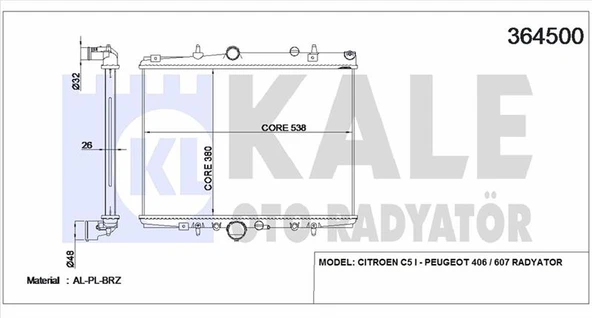 Psa Motor Su Radyatoru C5 P406 Ym Ew7j4 (1,8 16v) P406 Ym 2,0hdi 8v 01> Olcu: (380*538*26) - Kale 364500 ürün görseli