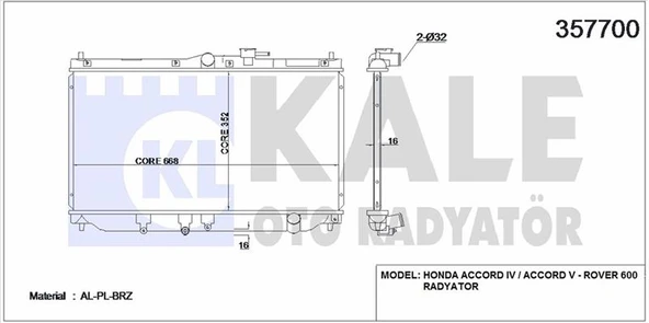 Honda Motor Su Radyatoru Honda Accord 1990 1996 Rover 600 1996 2000 (manuel Vites) / (665x355x12) - Kale 357700 ürün görseli