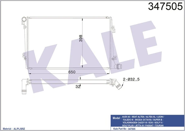 Vag Motor Su Radyatoru Otomatık 1,9tdi Caddy III 04>10 Golf V Jetta III 05>10 Passat 05>08 Touran 04>10 - Kale 347505 ürün görseli