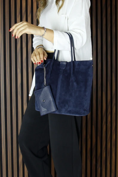 Erkan Saçmacı Lacivert Hakiki Dana Süet Manyetik Kapaklı Fermuarlı Çift İç Cepli Ayarlanabilir Askılı Günlük Büyük Boy Omuz Çantası ve Cüzdanı - 2