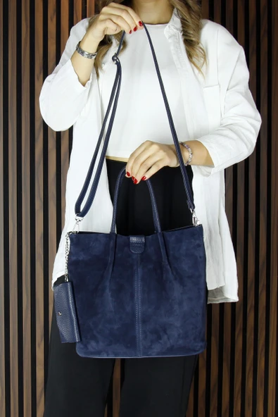 Erkan Saçmacı Lacivert Hakiki Dana Süet Manyetik Kapaklı Fermuarlı Çift İç Cepli Ayarlanabilir Askılı Günlük Büyük Boy Omuz Çantası ve Cüzdanı - 4