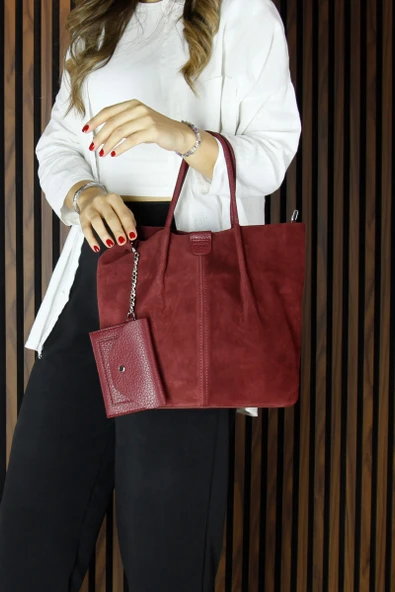 Erkan Saçmacı Bordo Hakiki Dana Süet Manyetik Kapaklı Fermuarlı Çift İç Cepli Ayarlanabilir Askılı Günlük Büyük Boy Omuz Çantası ve Cüzdanı - 2