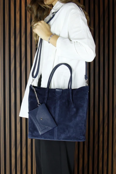 Erkan Saçmacı Lacivert Hakiki Dana Süet Manyetik Kapaklı Fermuarlı Çift İç Cepli Ayarlanabilir Askılı Günlük Büyük Boy Omuz Çantası ve Cüzdanı - 6