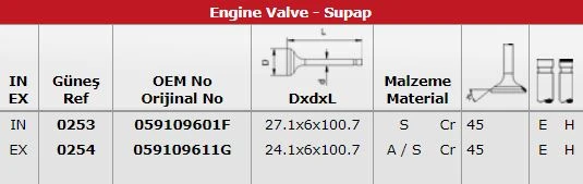 Vag Subap Takımı (in 12 / Ex 12) A6 2,5tdi 24v (bau Bdg Bdh) - Gunes 0253-0254 ürün görseli 1