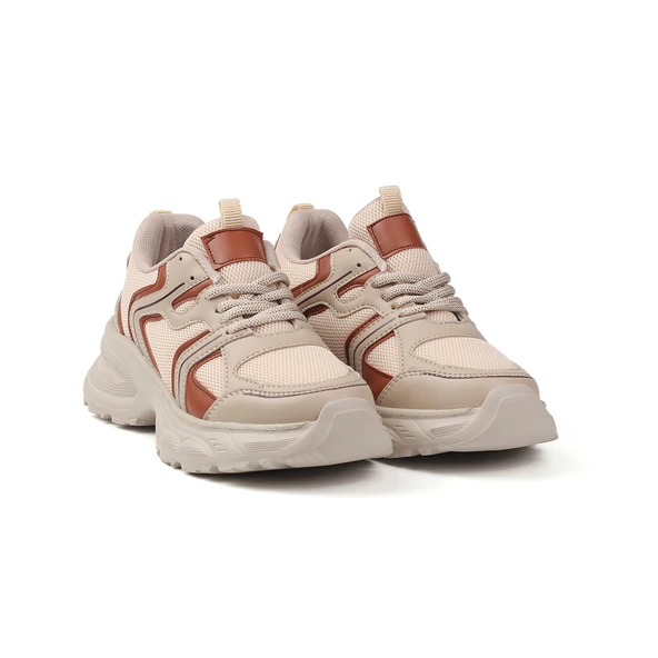 Kadın Bej Kahve Fileli Sneaker Günlük Ortopedik Spor Ayakkabı ürün görseli 1