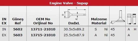 Toyota Subap Takımı Yarıs 1,3 2002-> (1nzfe 2nzfe Motor) (in 8 / Ex 8) - Gunes 5602-5603 ürün görseli 1