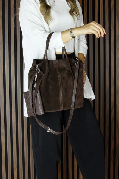 Erkan Saçmacı Kahve Hakiki Dana Süet Manyetik Kapaklı Fermuarlı Çift İç Cepli Ayarlanabilir Askılı Günlük Büyük Boy Omuz Çantası ve Cüzdanı - Resim 5