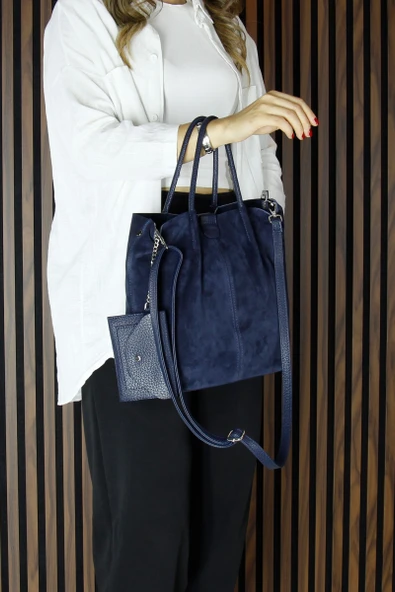 Erkan Saçmacı Lacivert Hakiki Dana Süet Manyetik Kapaklı Fermuarlı Çift İç Cepli Ayarlanabilir Askılı Günlük Büyük Boy Omuz Çantası ve Cüzdanı - 5