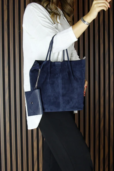 Erkan Saçmacı Lacivert Hakiki Dana Süet Manyetik Kapaklı Fermuarlı Çift İç Cepli Ayarlanabilir Askılı Günlük Büyük Boy Omuz Çantası ve Cüzdanı - 3