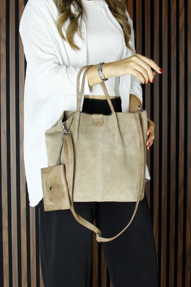 Erkan Saçmacı Vizon Hakiki Dana Süet Manyetik Kapaklı Fermuarlı Çift İç Cepli Ayarlanabilir Askılı Günlük Büyük Boy Omuz Çantası ve Cüzdanı - 5