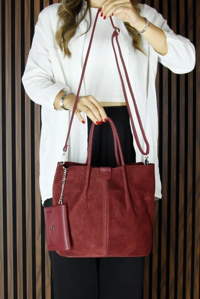 Erkan Saçmacı Bordo Hakiki Dana Süet Manyetik Kapaklı Fermuarlı Çift İç Cepli Ayarlanabilir Askılı Günlük Büyük Boy Omuz Çantası ve Cüzdanı - 4