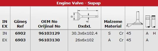 Daewoo Subap Takımı Nexia 1,5 16v (in 8 / Ex 8) - Gunes 6902-6903 ürün görseli 1