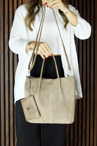 Erkan Saçmacı Vizon Hakiki Dana Süet Manyetik Kapaklı Fermuarlı Çift İç Cepli Ayarlanabilir Askılı Günlük Büyük Boy Omuz Çantası ve Cüzdanı - 4