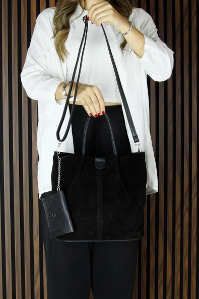 Erkan Saçmacı Siyah Hakiki Dana Süet Manyetik Kapaklı Fermuarlı Çift İç Cepli Ayarlanabilir Askılı Günlük Büyük Boy Omuz Çantası ve Cüzdanı - 4