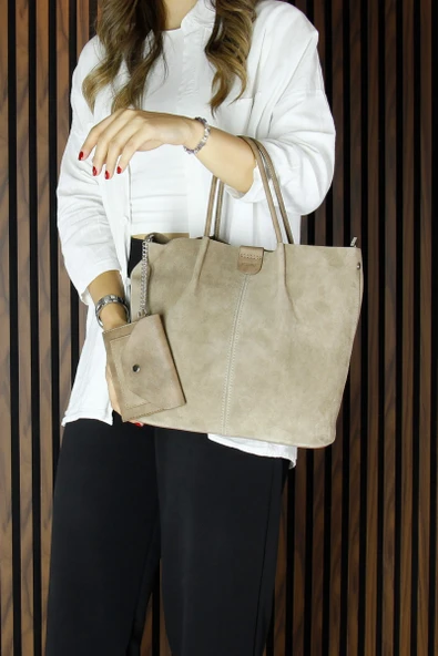 Erkan Saçmacı Vizon Hakiki Dana Süet Manyetik Kapaklı Fermuarlı Çift İç Cepli Ayarlanabilir Askılı Günlük Büyük Boy Omuz Çantası ve Cüzdanı - 2