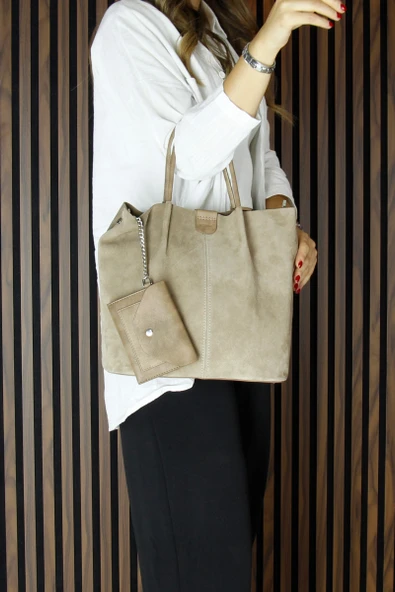 Erkan Saçmacı Vizon Hakiki Dana Süet Manyetik Kapaklı Fermuarlı Çift İç Cepli Ayarlanabilir Askılı Günlük Büyük Boy Omuz Çantası ve Cüzdanı - 3