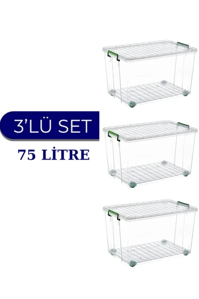 Tekerlekli Saklama Kutusu 75 Litre Şeffaf 3 Adet Saklama Kabı Mutfak/banyo Çok Amaçlı ürün görseli 1