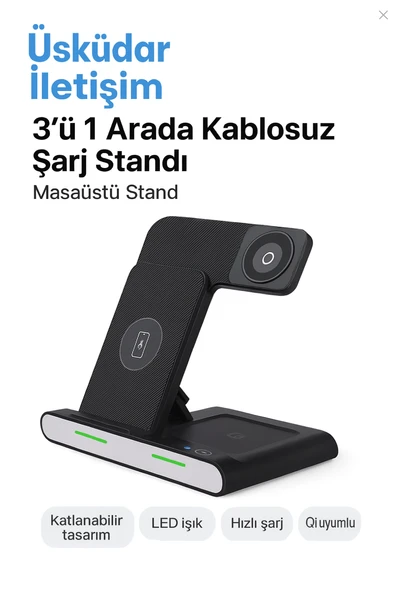 Kablosuz Hızlı Şarj Standı  3ü 1 Arada Katlanabilir Tasarım Telefon Saat Kulaklık İçin