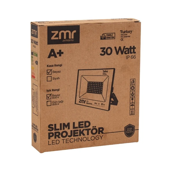 Zmr 30 Watt 6500k Ip66 220Volt Siyah Slim Kasa Led Projektör - Resim 3