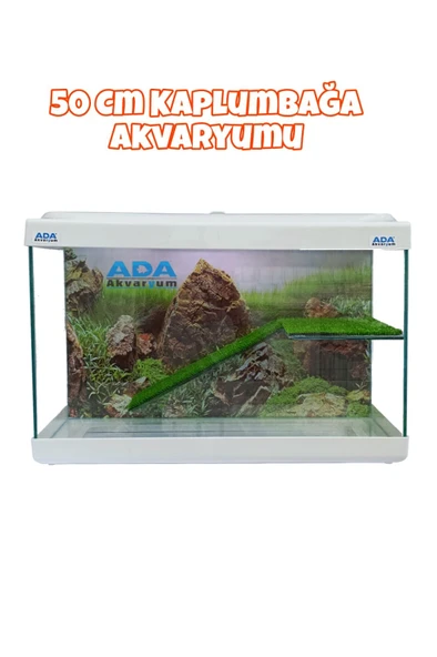 Ada Akvaryum Su Kaplumbağası Akvaryumu Bahçeli Rampalı Dinlenme  50x30x25 Cm  Arka Plan Hediyeli - 1
