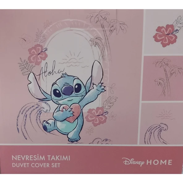 ÖZDİLEK STİTCH ALOHA TEK KİŞİLİK LİSANSLI NEVRESİM TAKIMI PEMBE - Resim 3