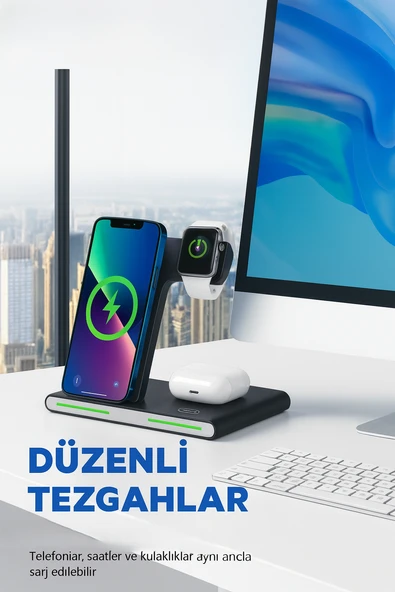 Kablosuz Hızlı Şarj Standı  3ü 1 Arada Katlanabilir Tasarım Telefon Saat Kulaklık İçin - 5
