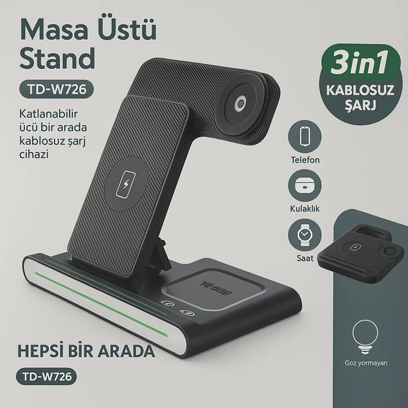 Kablosuz Hızlı Şarj Standı  3ü 1 Arada Katlanabilir Tasarım Telefon Saat Kulaklık İçin - 3