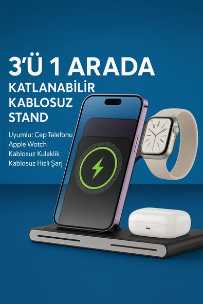 Kablosuz Hızlı Şarj Standı  3ü 1 Arada Katlanabilir Tasarım Telefon Saat Kulaklık İçin - 2