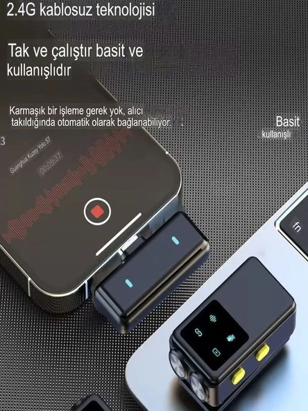 Universal 600mAh Kablosuz Çiftli Yaka Mikrofonu Type-C & Lightning Alıcılı iPhone Android Uyumlu - 5