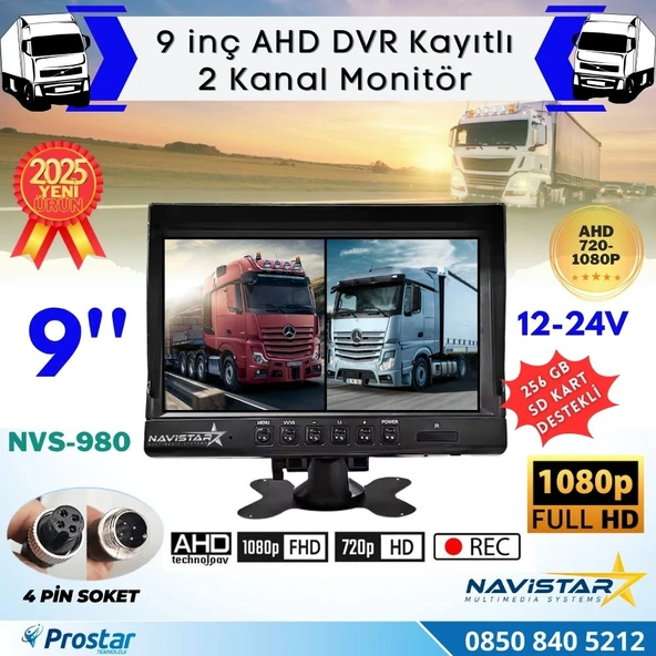 Kayıtlı 9 inç ikiye Bölen 2 Kanal Split AHD 1080P/720P destekli 4 Pin 256 GB SD Destekli Monitör - 1