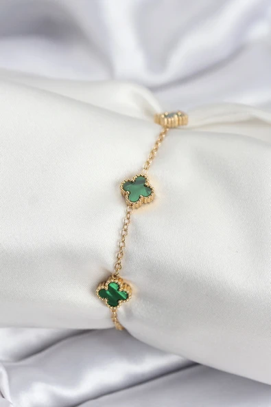 316L Çelik Gold Renk Yeşil Baby Boy Yonca Kadın Bileklik ürün görseli