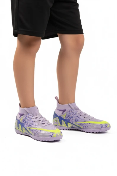 Ayakmod Lila Mor Çoraplı Çocuk Halı Saha Ayakkabısı Air 600 F