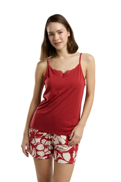 Arnetta Kadın Kırmızı Askılı Şortlu Pijama Takım 3264 - Resim 2