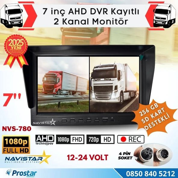 Kayıtlı 7 inç ikiye Bölen 2 Kanal Split AHD 1080P/720P destekli 4 Pin 256 GB SD Destekli Monitör