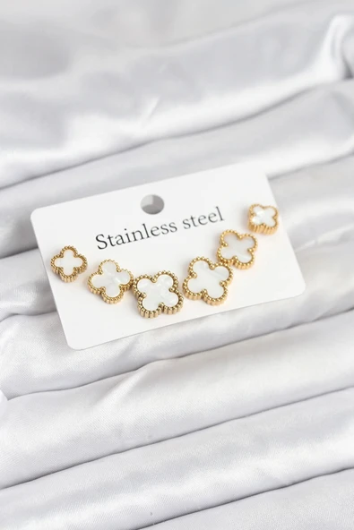 316L Çelik Gold Beyaz Renk 3 Boy Yonca Küpe Seti ürün görseli