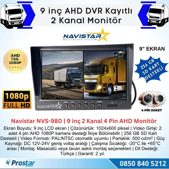 Kayıtlı 9 inç ikiye Bölen 2 Kanal Split AHD 1080P/720P destekli 4 Pin 256 GB SD Destekli Monitör - 2